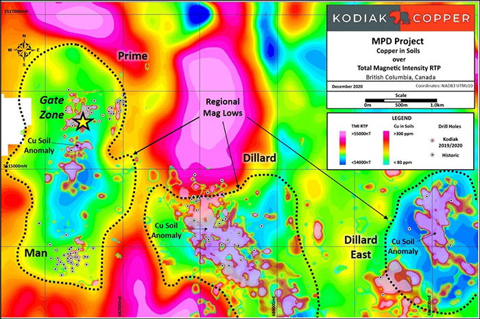 MPD Target Areas, 2020 ZTEM Survey - Total Magnetic Intensity (RTP) with historic Cu overlay (heat contours) (Source: 2020 Compilation and GeoInterp, Condor Consulting