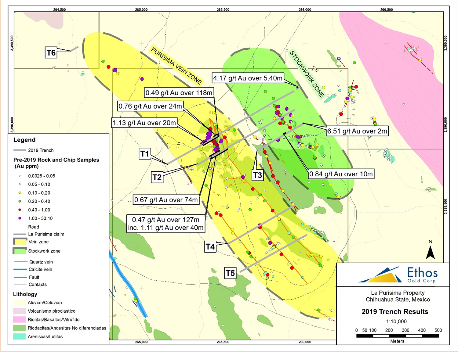 Ethos trenches 0.47 g/t Au over 127 m including 1.11 g/t Au over 40m at its La Purisima gold project, Chihuahua, Mexico