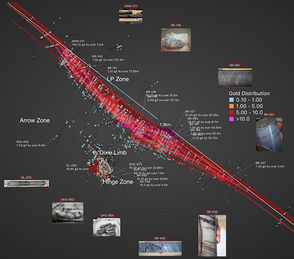 Example image of the current 3D geological and gold mineralization model at Dixie