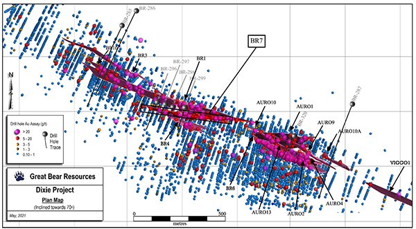 Figure 3 - Plan map of the various high-grade gold domains currently being drilled along the central LP Fault.