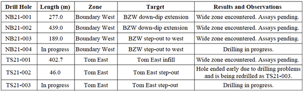 Table 1: 2021 drill hole results and observations