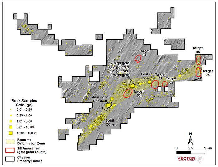 Till Target Areas and Gold in Rock Sample Anomalies, Chevrier Gold Project
