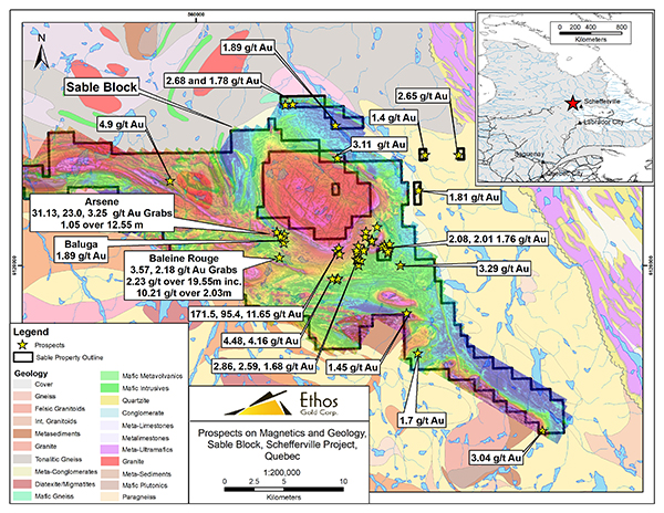 Figure 2 - Prospects on the Sable Block; Magnetics and Geology within the Schefferville Project