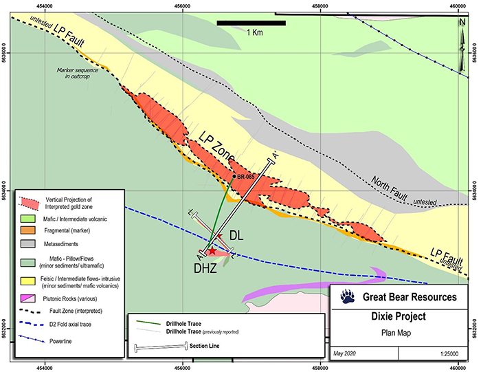 Map showing the locations of the cross section and long section in Figures 1 and 2. A to Aâ€™ represents the cross section in Figure 1, while L to Lâ€™ represents the long section in Figure 2.