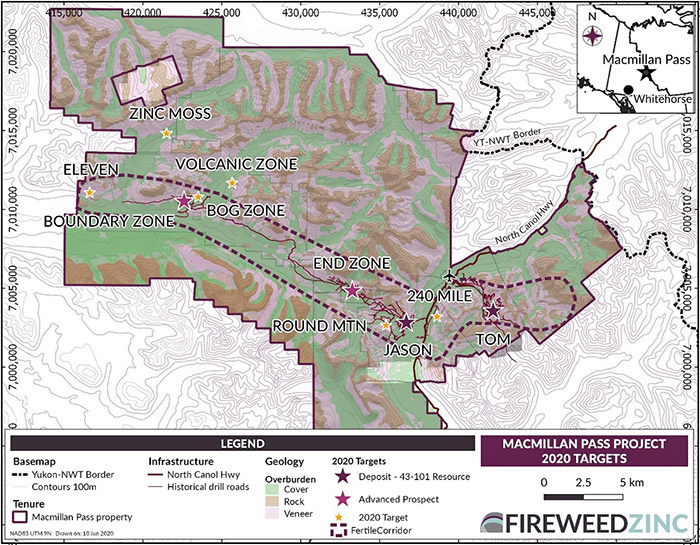 Map 1 - Macmillan Pass Project: Locations of the 2020 exploration targets, advanced prospects, and known deposits.