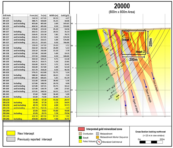 Complete drill section 20000 as drilled to date, showing insets of previous figures and highlights of past and current drilling.800 x 800 m view.