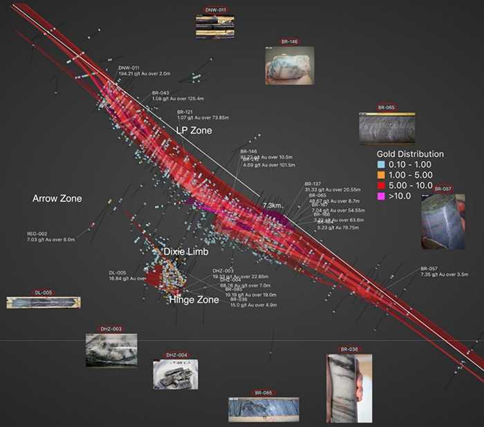Example image of the current 3D geological and gold mineralization model at Dixie.
